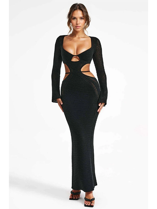Women Sexy Long Sleeve Cut Out Knit Maxi Dress