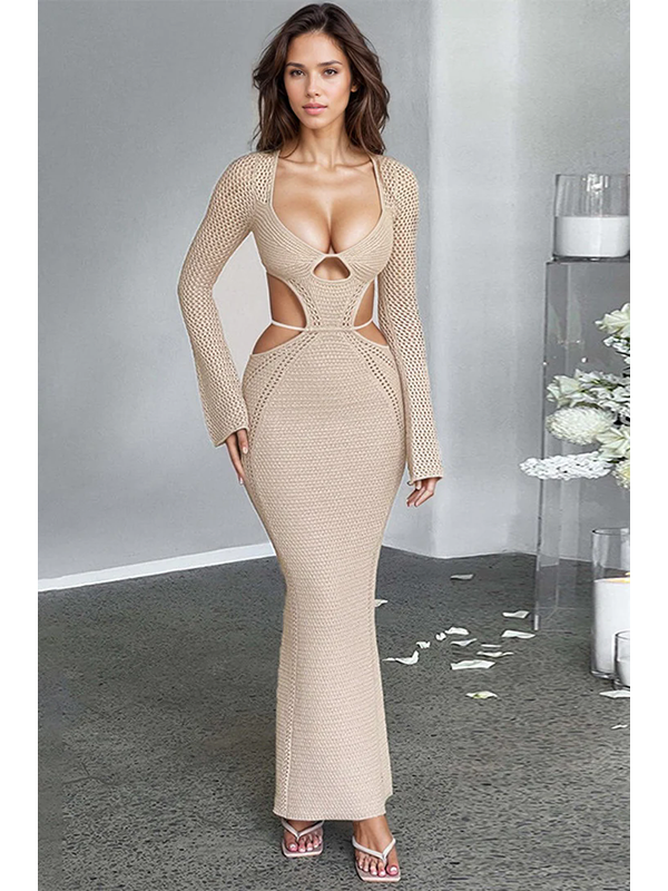 Women Sexy Long Sleeve Cut Out Knit Maxi Dress