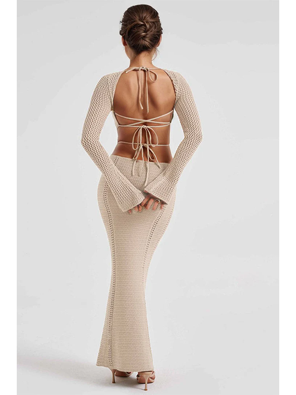 Women Sexy Long Sleeve Cut Out Knit Maxi Dress
