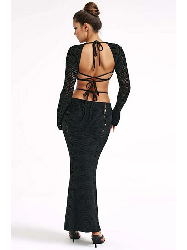 Women Sexy Long Sleeve Cut Out Knit Maxi Dress