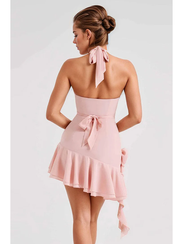 Halter Cowl Neck Ruffle Hem Mini Dress