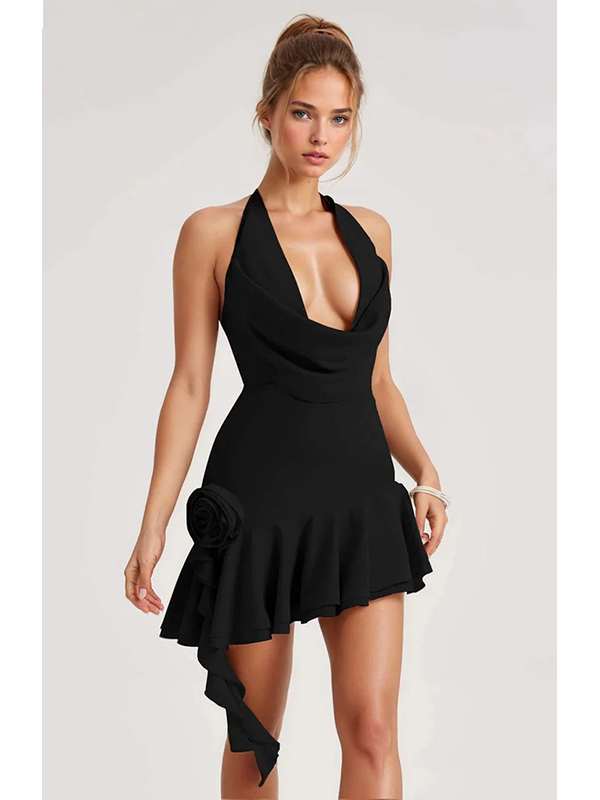 Halter Cowl Neck Ruffle Hem Mini Dress