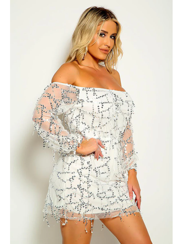 Off Shoulder Sequin Mesh Sleeve Mini Dress
