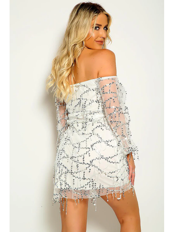 Off Shoulder Sequin Mesh Sleeve Mini Dress