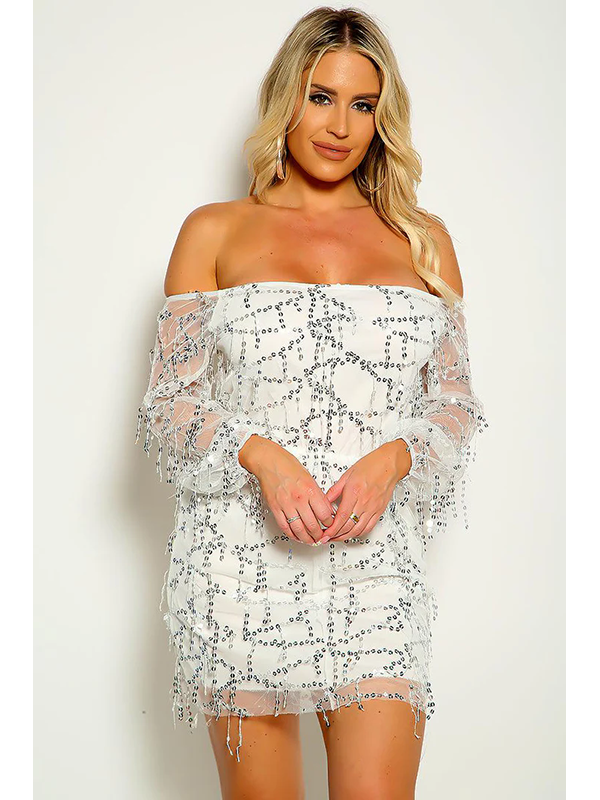 Off Shoulder Sequin Mesh Sleeve Mini Dress
