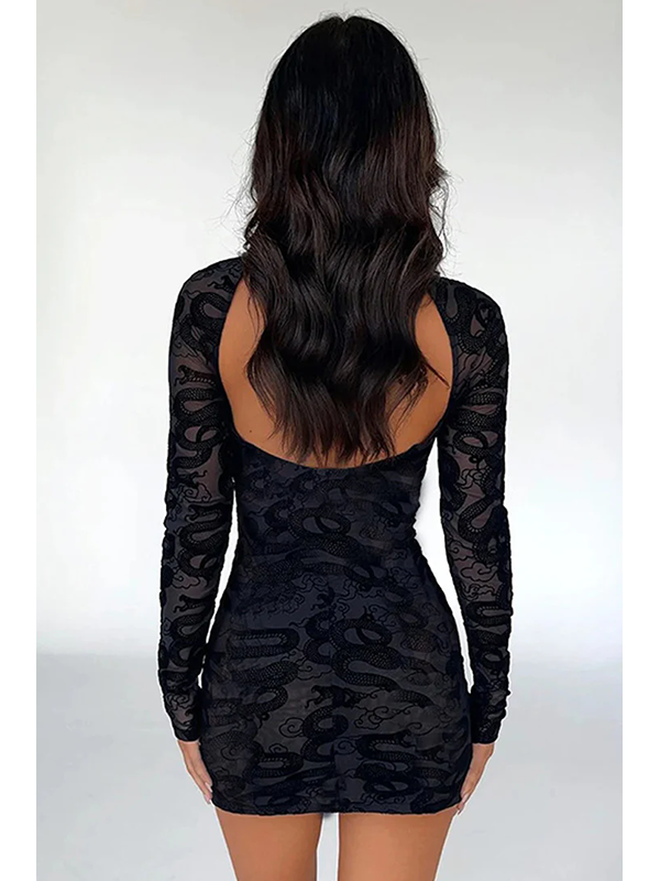 Black Lace-Up Front Long Sleeve Mini Dress