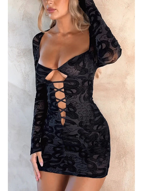 Black Lace-Up Front Long Sleeve Mini Dress