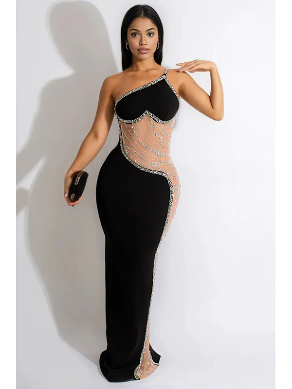 Women Sexy One Shoulder Rhinestone Maxi Dress