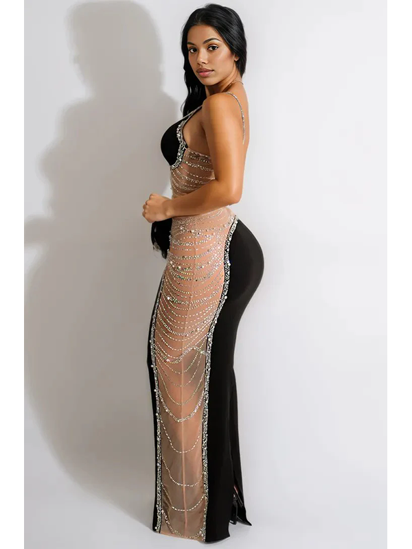 Women Sexy One Shoulder Rhinestone Maxi Dress