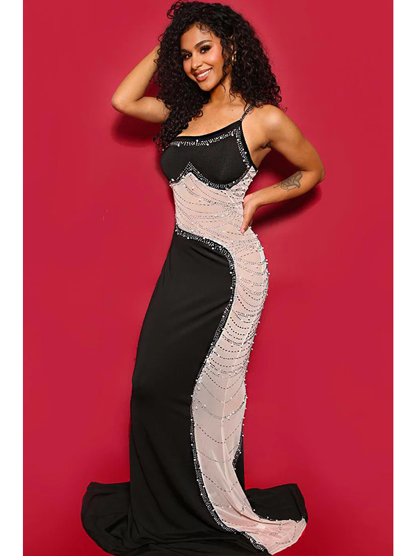 Women Sexy One Shoulder Rhinestone Maxi Dress