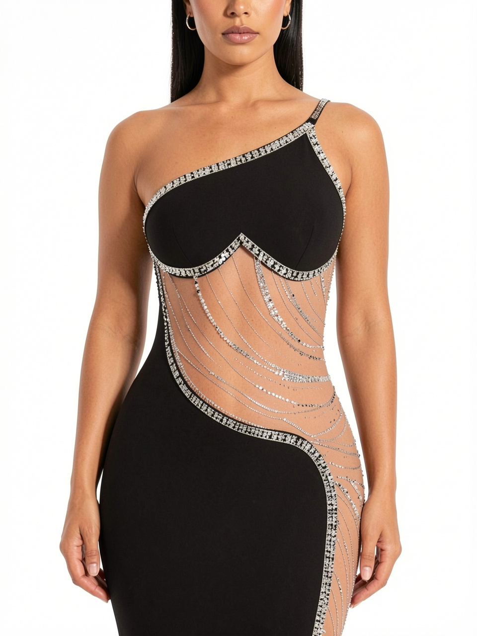 Women Sexy One Shoulder Rhinestone Maxi Dress