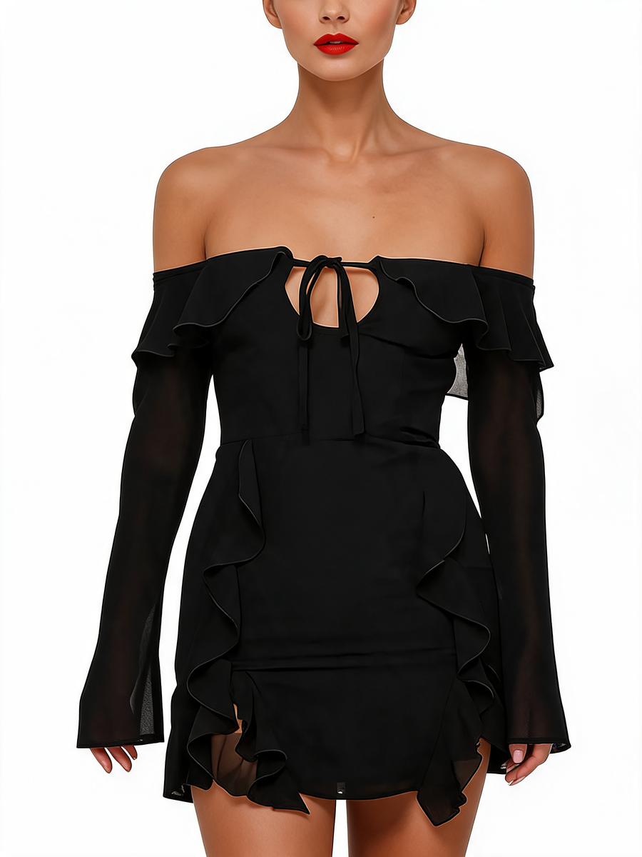 Off Shoulder Ruffle Flare Sleeve Mini Dress