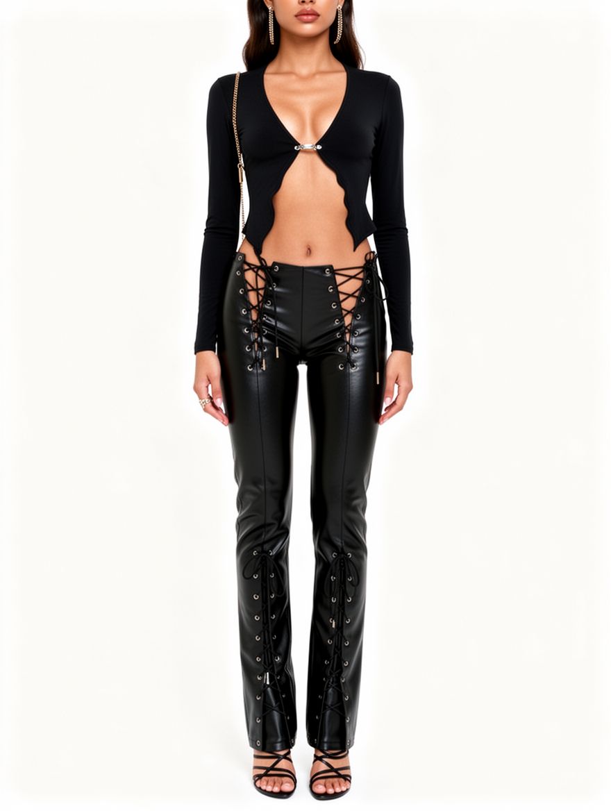 Women Sexy Faux Leather Lace Up Pants