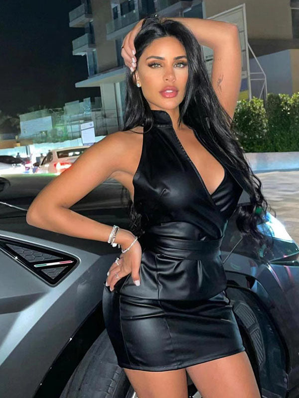 Women Sexy Faux Leather Halter Mini Dress