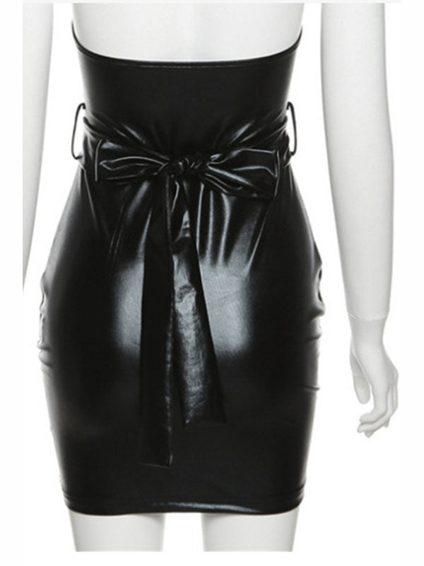 Women Sexy Faux Leather Halter Mini Dress