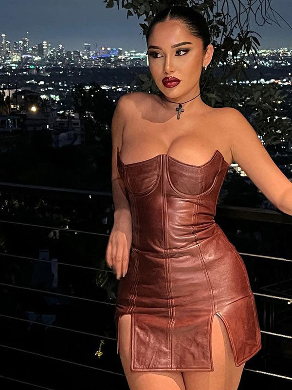 Women Sexy Faux Leather Strapless Mini Dress