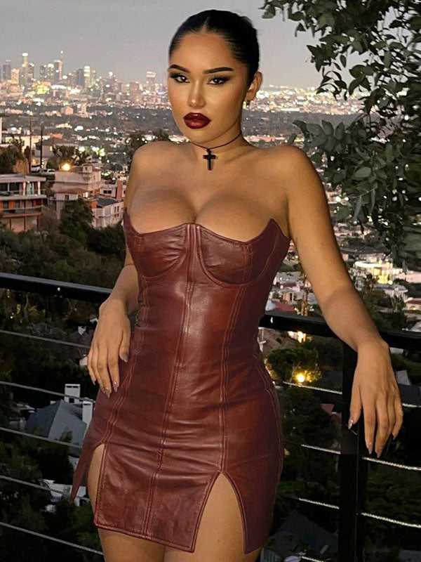 Women Sexy Faux Leather Strapless Mini Dress