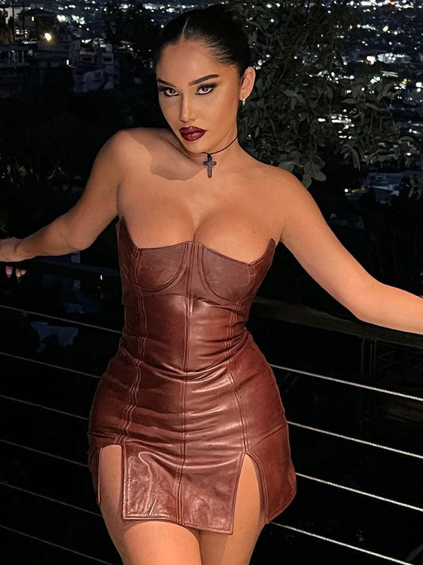 Women Sexy Faux Leather Strapless Mini Dress