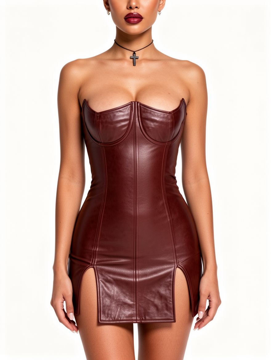 Women Sexy Faux Leather Strapless Mini Dress