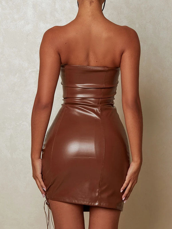 Women Sexy Faux Leather Lace Up Mini Dress
