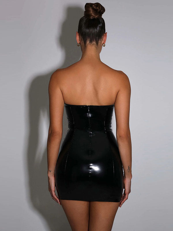 Women Sexy Faux Leather Strapless Mini Dress