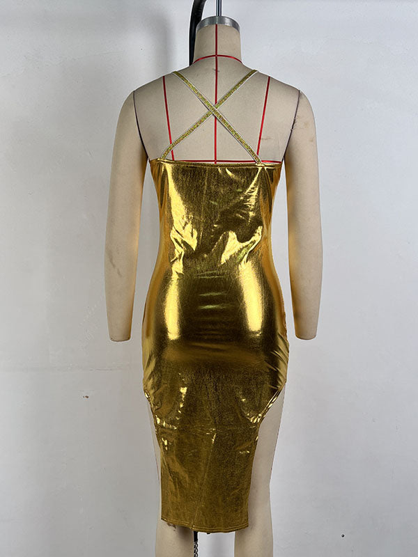 Women Sexy Faux Leather Midi Dress
