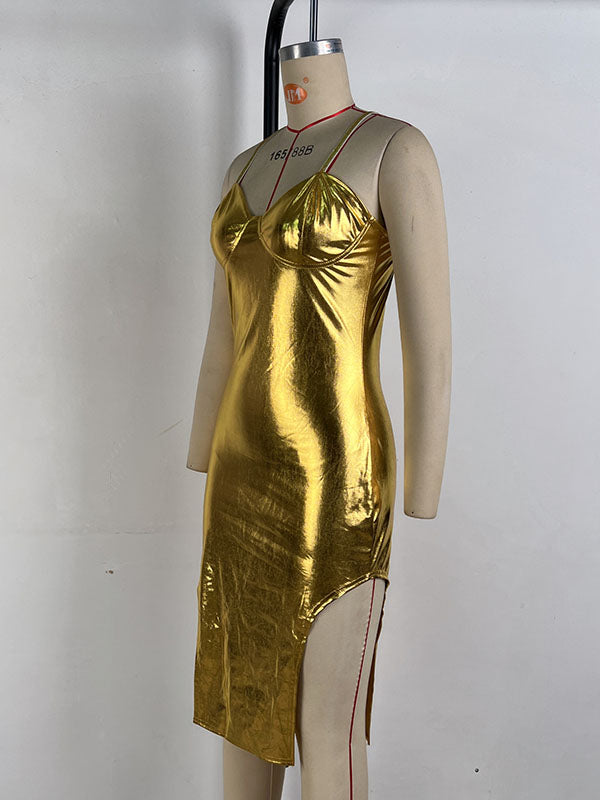 Women Sexy Faux Leather Midi Dress