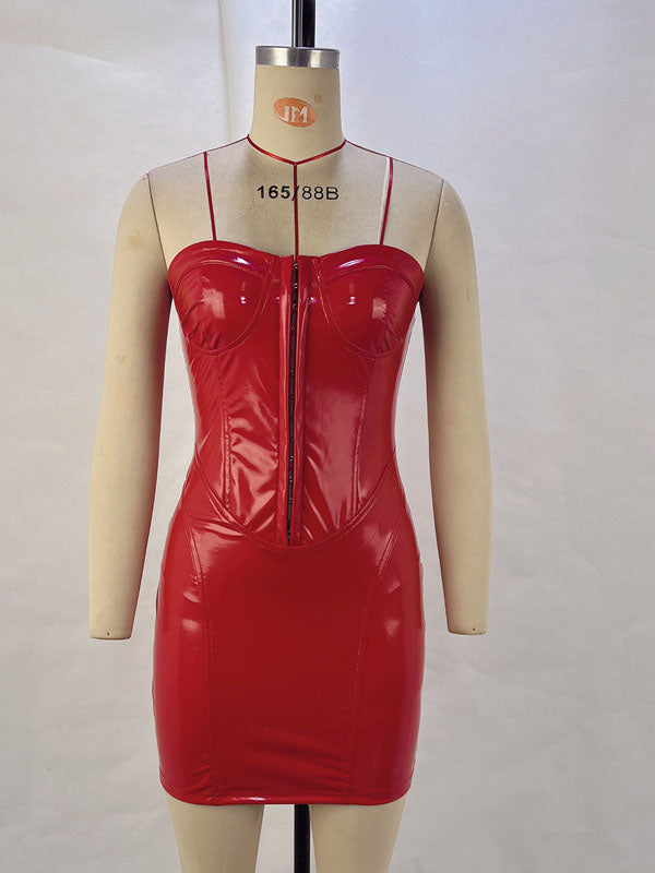 Women Sexy Faux Leather Strapless Mini Dress