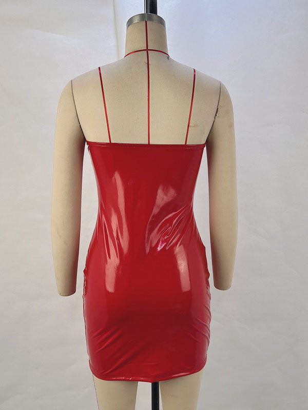 Women Sexy Faux Leather Strapless Mini Dress