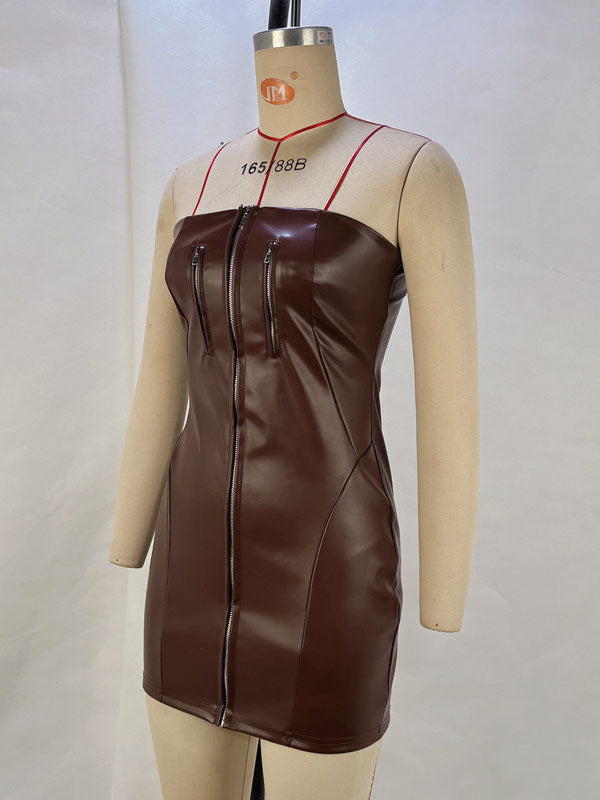 Women Sexy Faux Leather Strapless Mini Dress