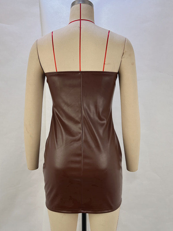 Women Sexy Faux Leather Strapless Mini Dress