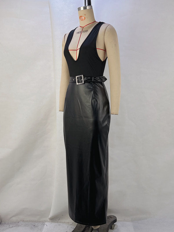 Women Sexy Faux Leather Deep V Neck Maxi Dress