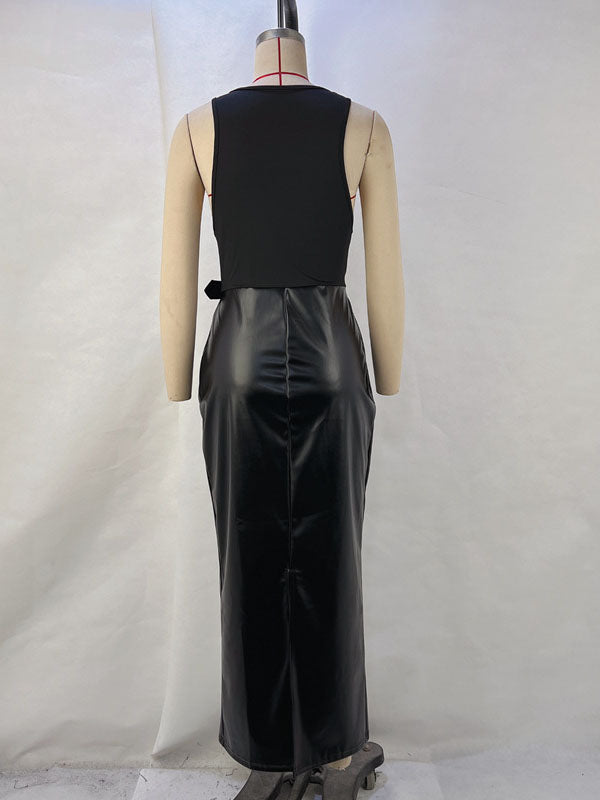 Women Sexy Faux Leather Deep V Neck Maxi Dress
