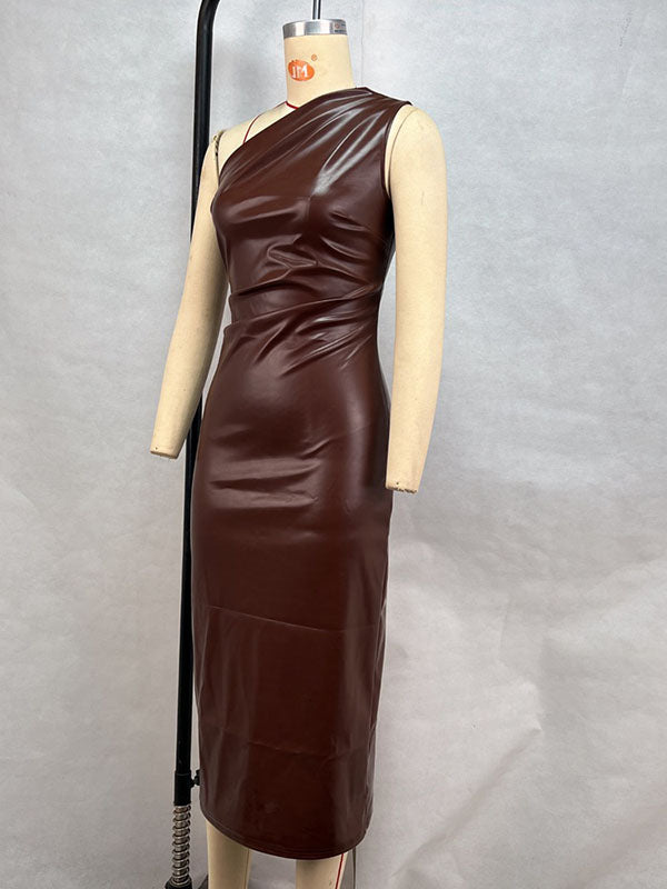 Women Sexy Faux Leather One Shoulder Maxi Dress