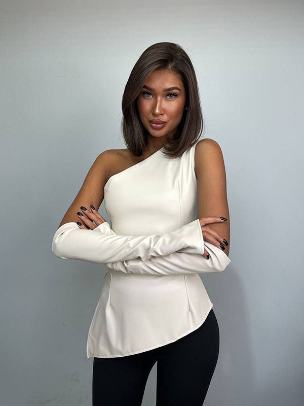 Women Sexy Faux Leather One Shoulder Top