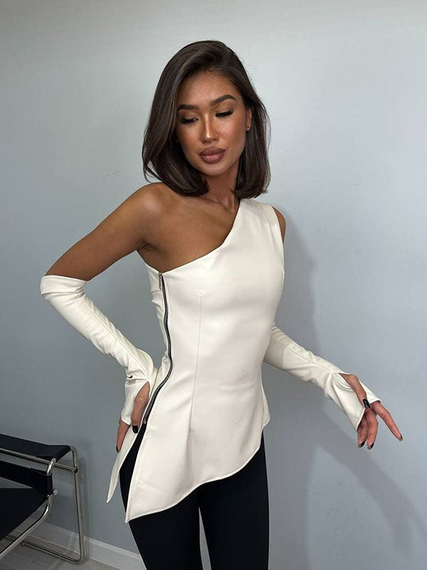 Women Sexy Faux Leather One Shoulder Top