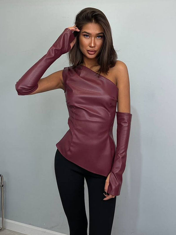 Women Sexy Faux Leather One Shoulder Top