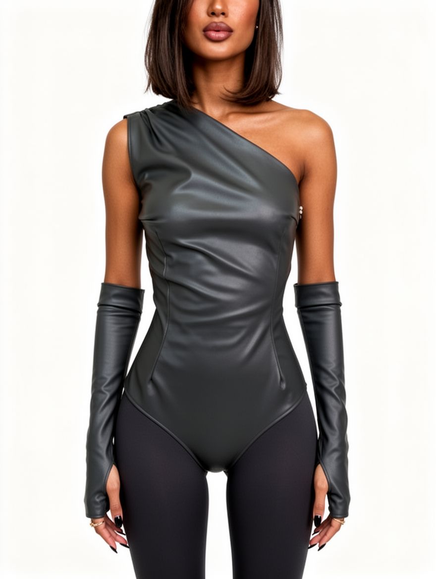 Women Sexy Faux Leather One Shoulder Top