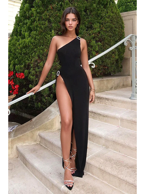 Women Sexy One Shoulder High Slit Maxi Dress