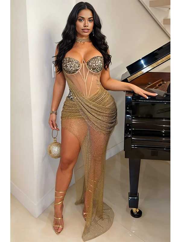 Women Sexy Embellished Sheer Corset Maxi Dress