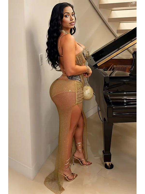 Women Sexy Embellished Sheer Corset Maxi Dress