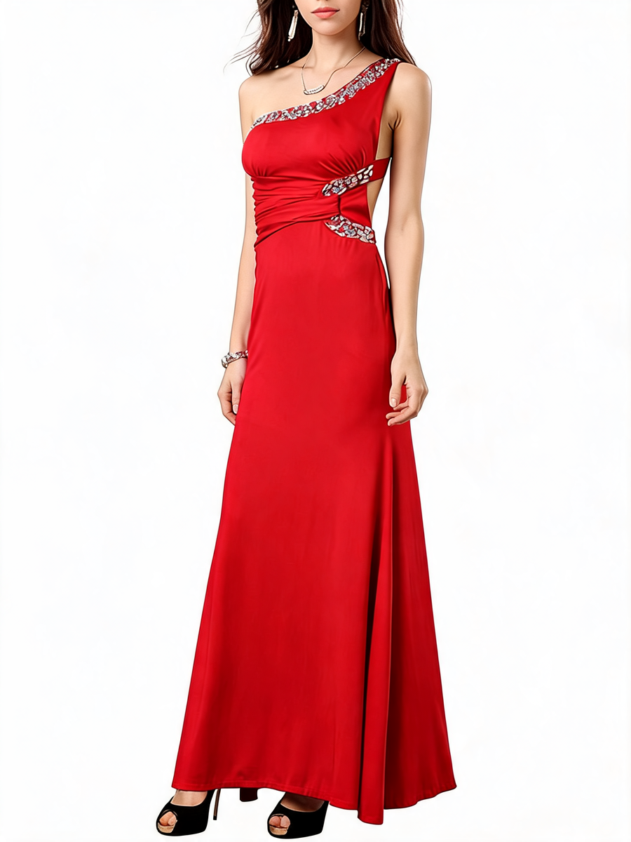 One Shoulder Satin Evening Gown