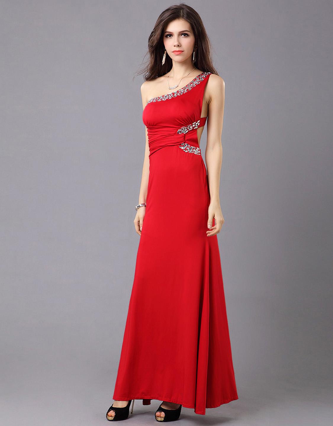 One Shoulder Satin Evening Gown