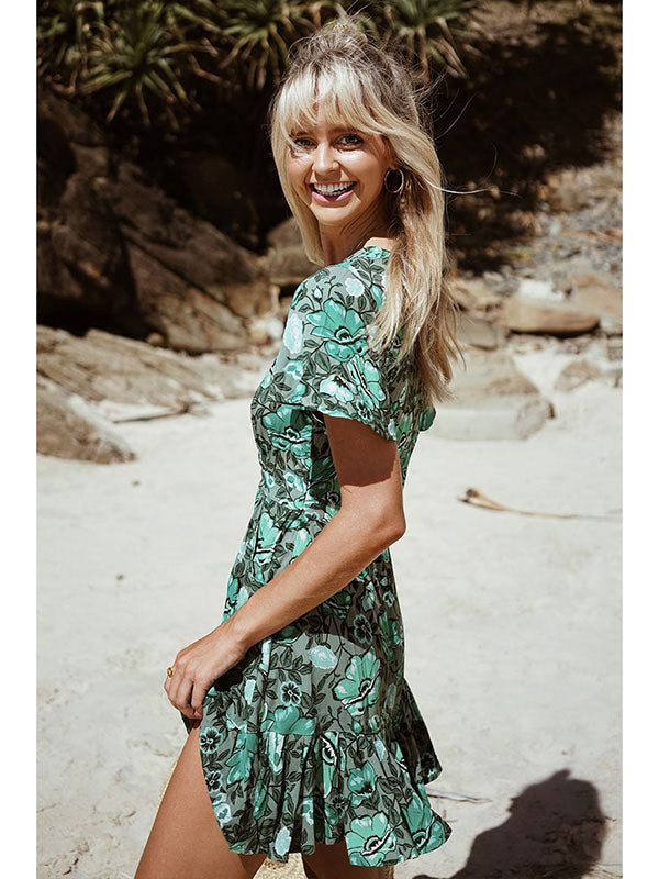 Green Flower Print Short Sleeve Mini Casual Dress
