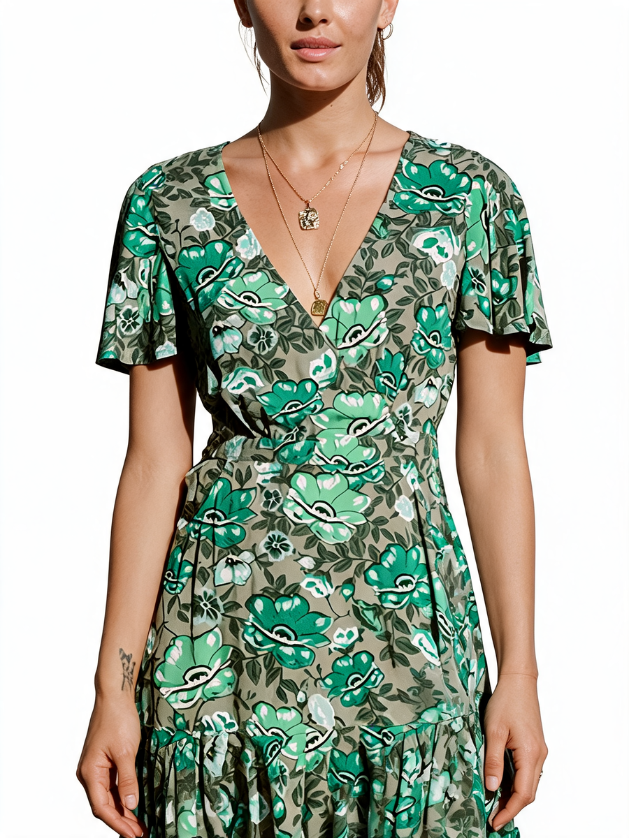 Green Flower Print Short Sleeve Mini Casual Dress