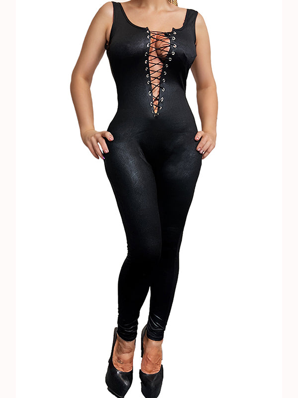 Black Faux Leather Spaghetti Strap Bandage Catsuit