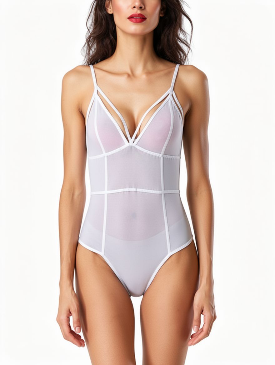 Sexy Spaghetti Strap See Through V Neck Women Bodysuit