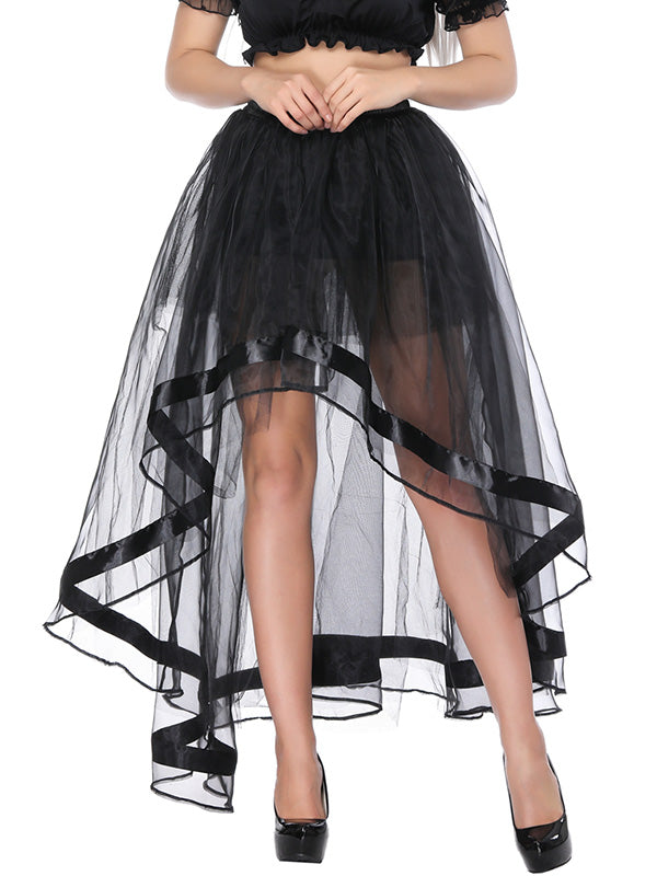 Sheer Tulle Ribbon Trim High Low Skirt
