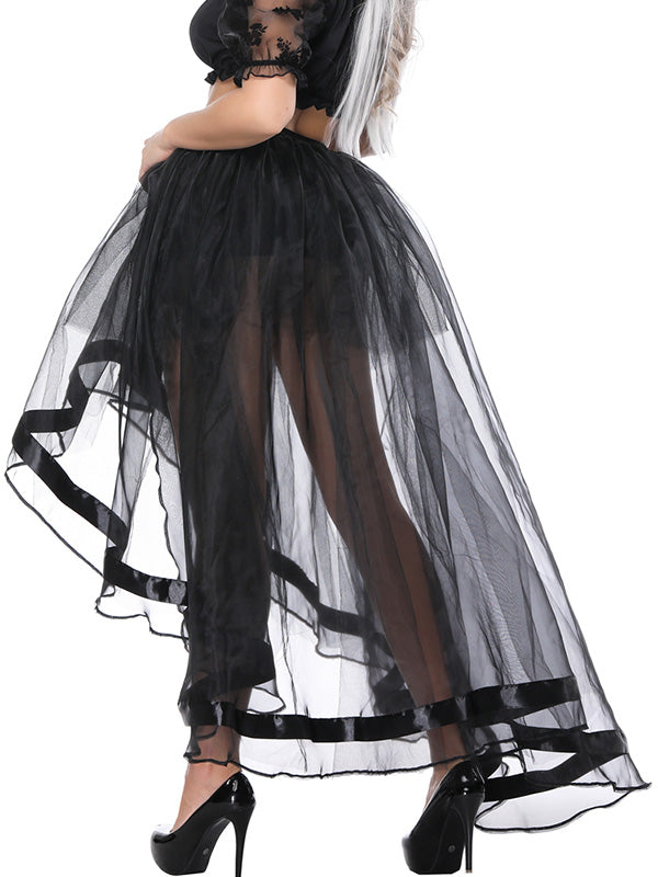 Sheer Tulle Ribbon Trim High Low Skirt