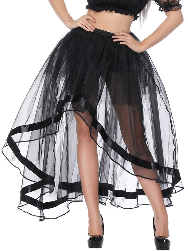 Sheer Tulle Ribbon Trim High Low Skirt